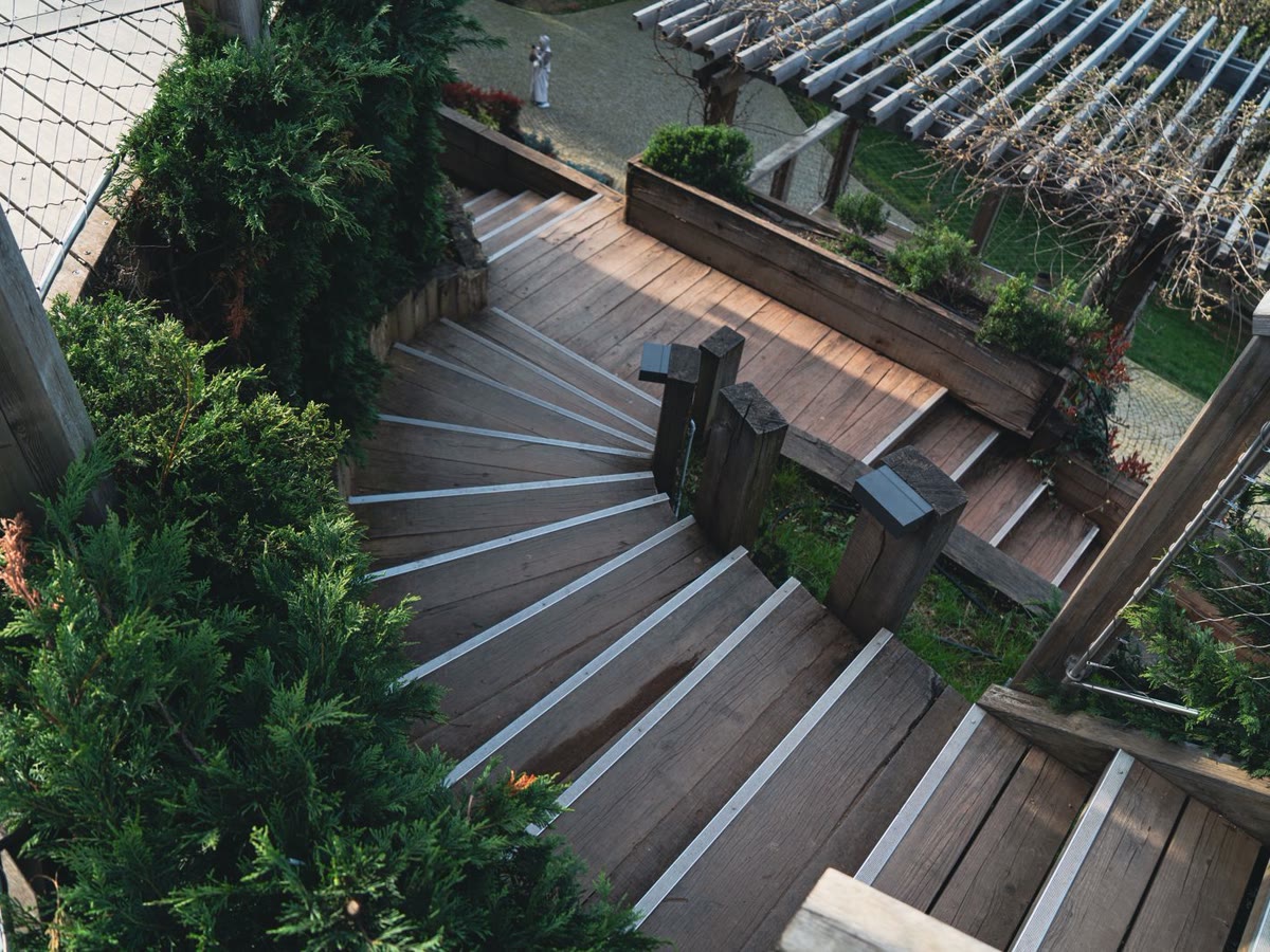 Wood landscape steps moving through dense evergreen planting
